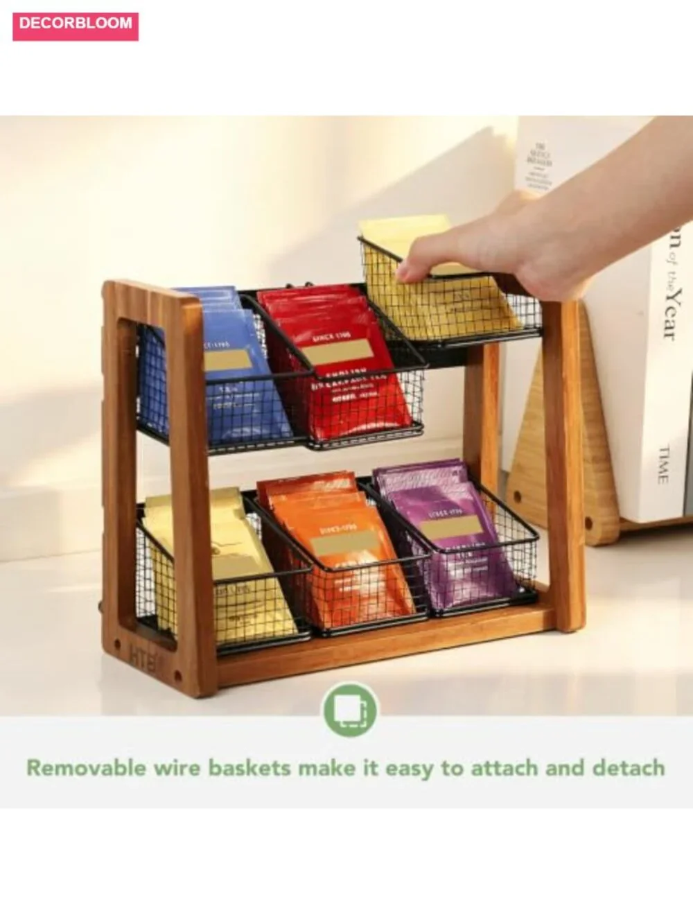 2 Tier Tea Bag Organizer with 6 Removable Baskets Acacia Wood Iron